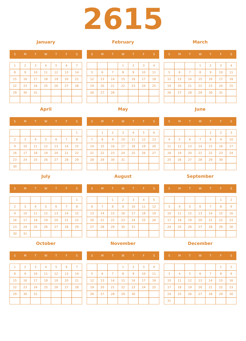 Printable 2615 Year Calendars orange