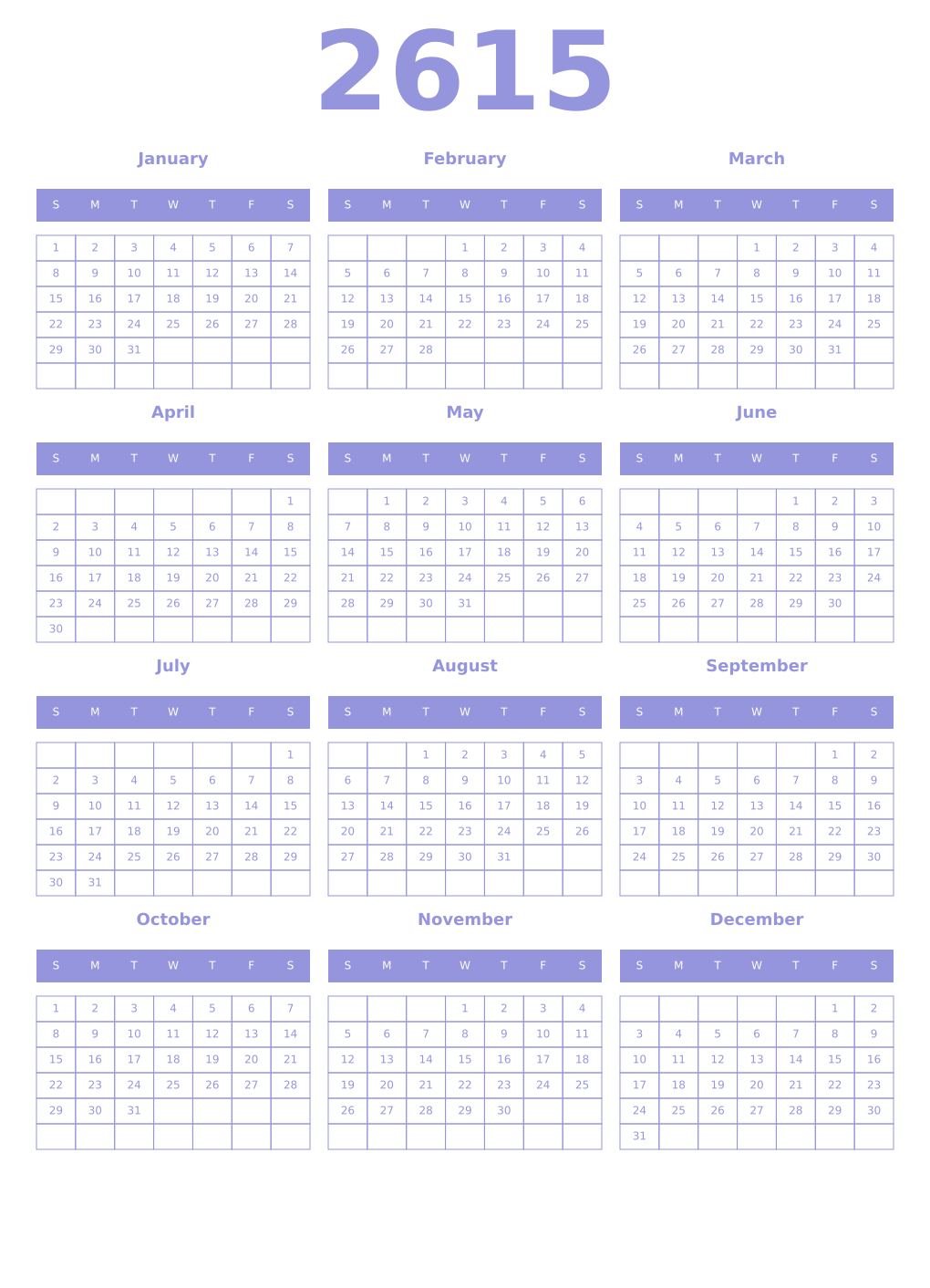Printable 2615 Year Calendars periwinkle