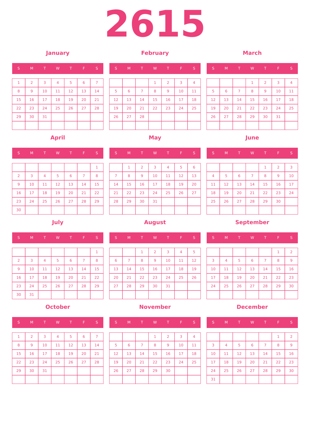 Printable 2615 Year Calendars pink