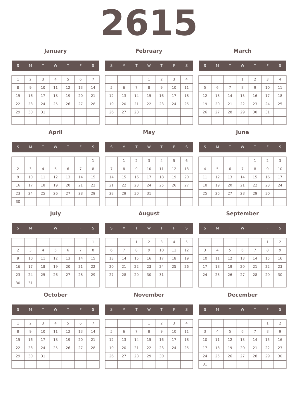 Printable 2615 Year Calendars wenge