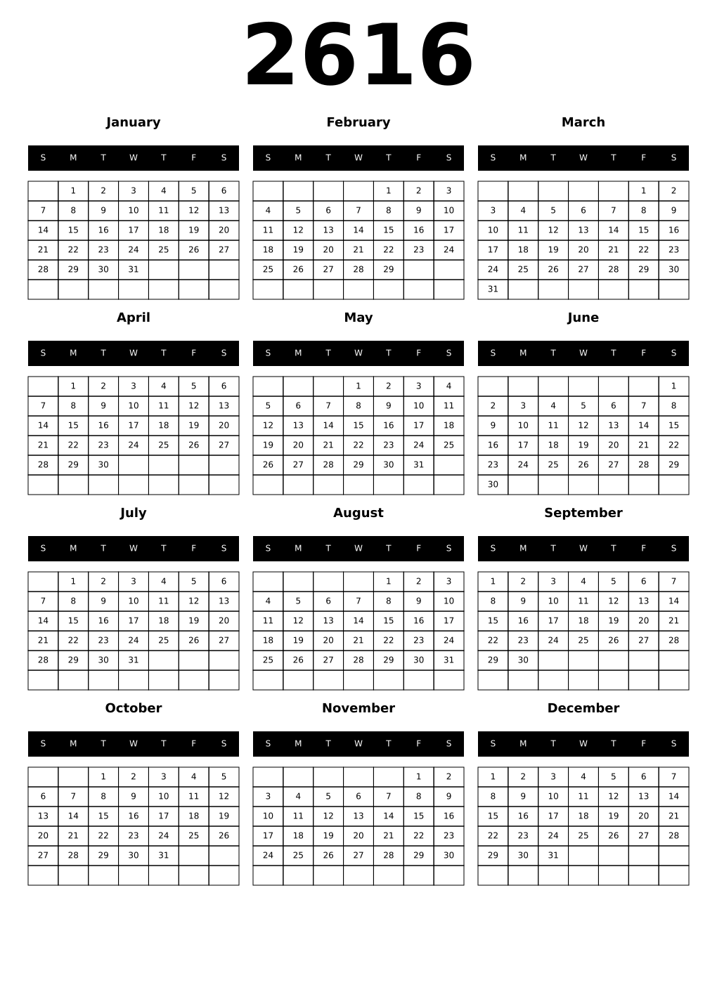 Printable 2616 Year Calendars black