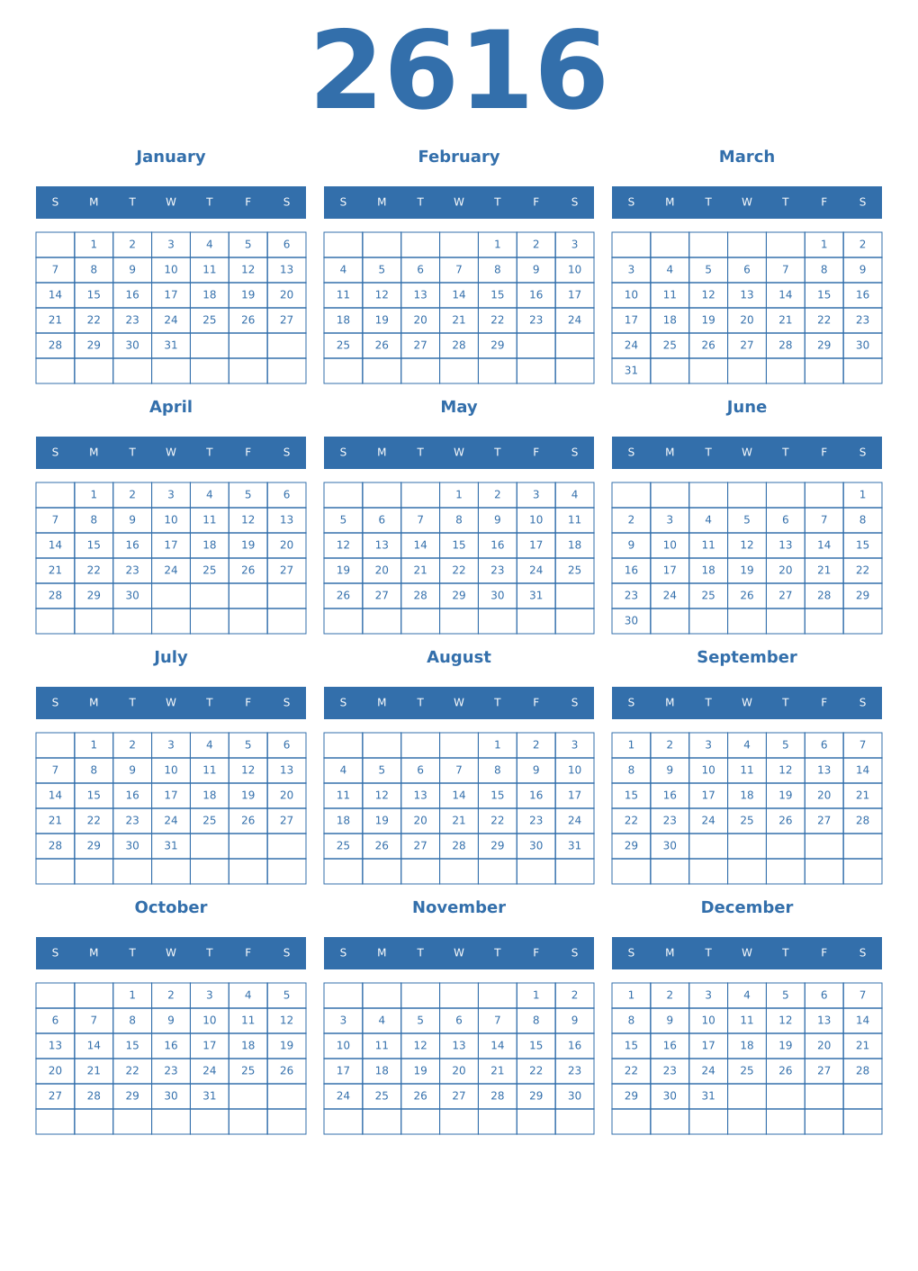 Printable 2616 Year Calendars blue