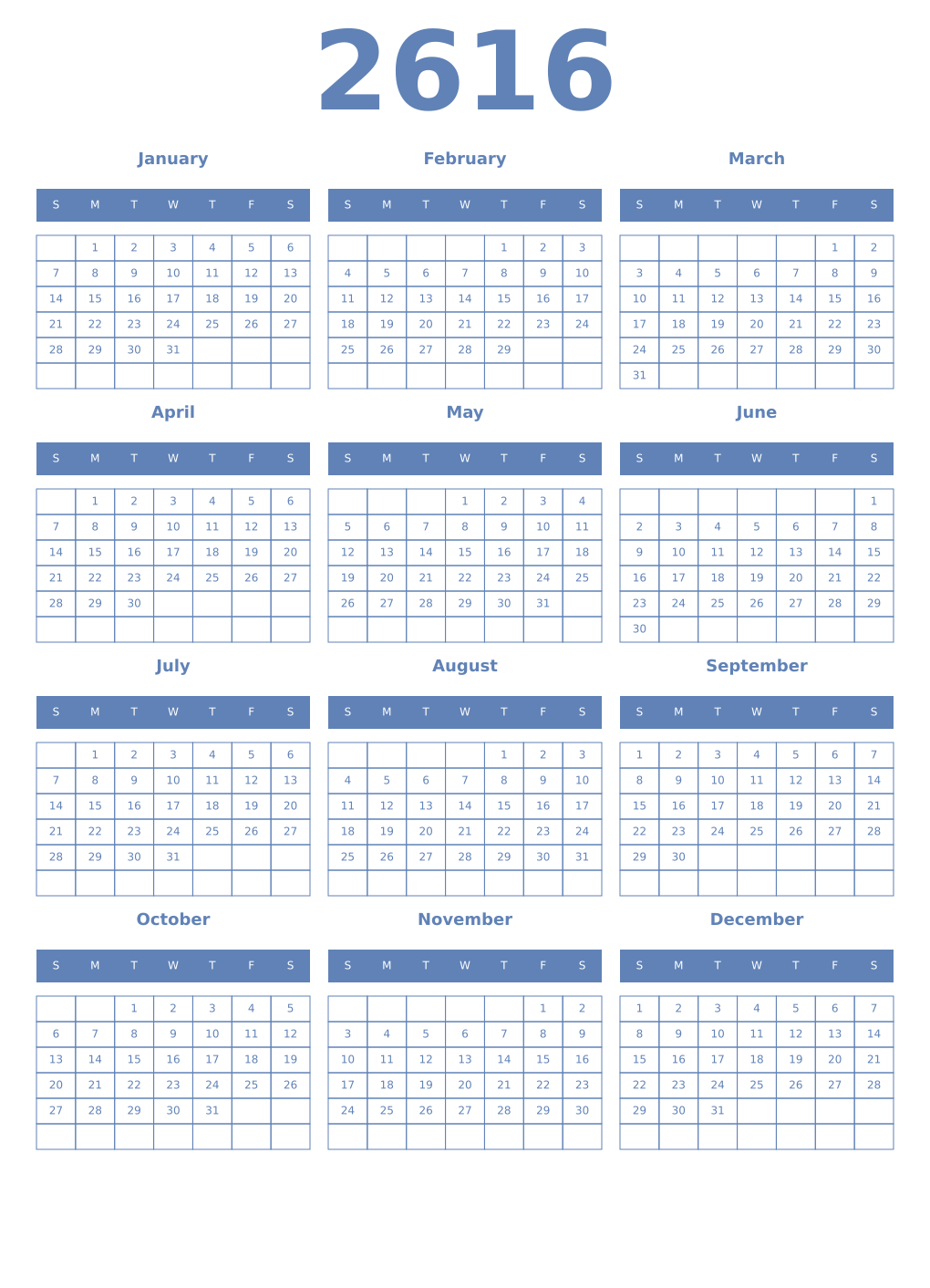 Printable 2616 Year Calendars glaucous