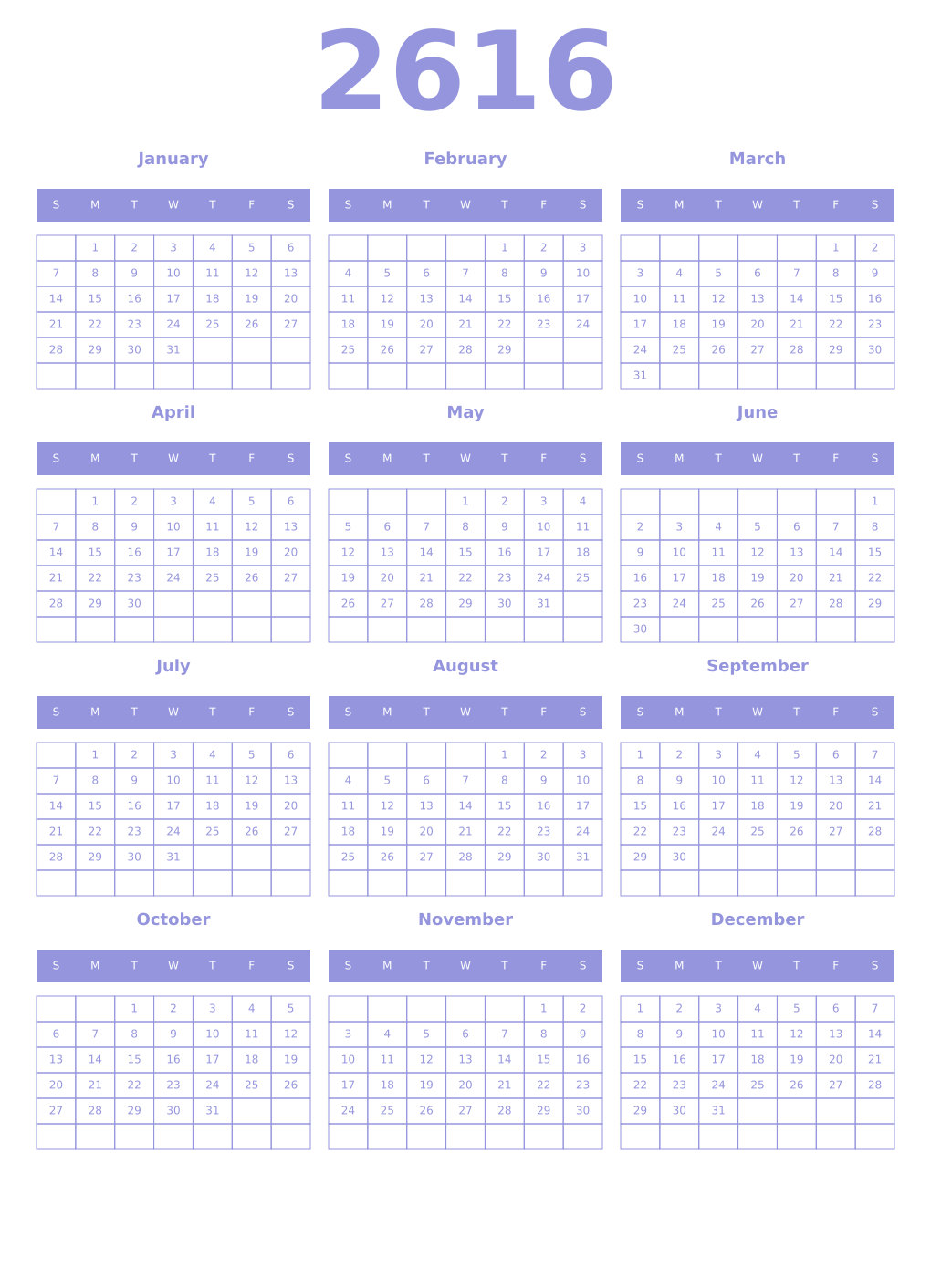 Printable 2616 Year Calendars periwinkle