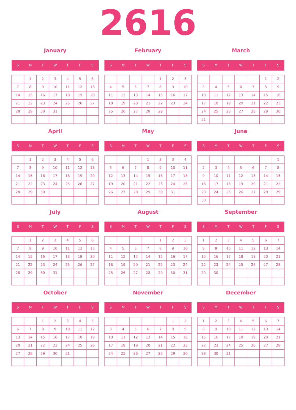 Printable 2616 Year Calendars pink
