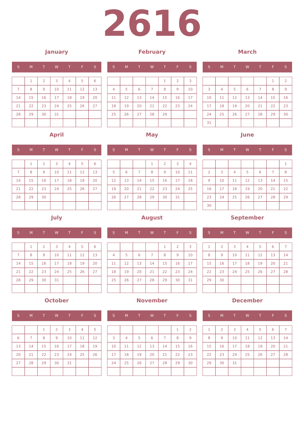 Printable 2616 Year Calendars puce