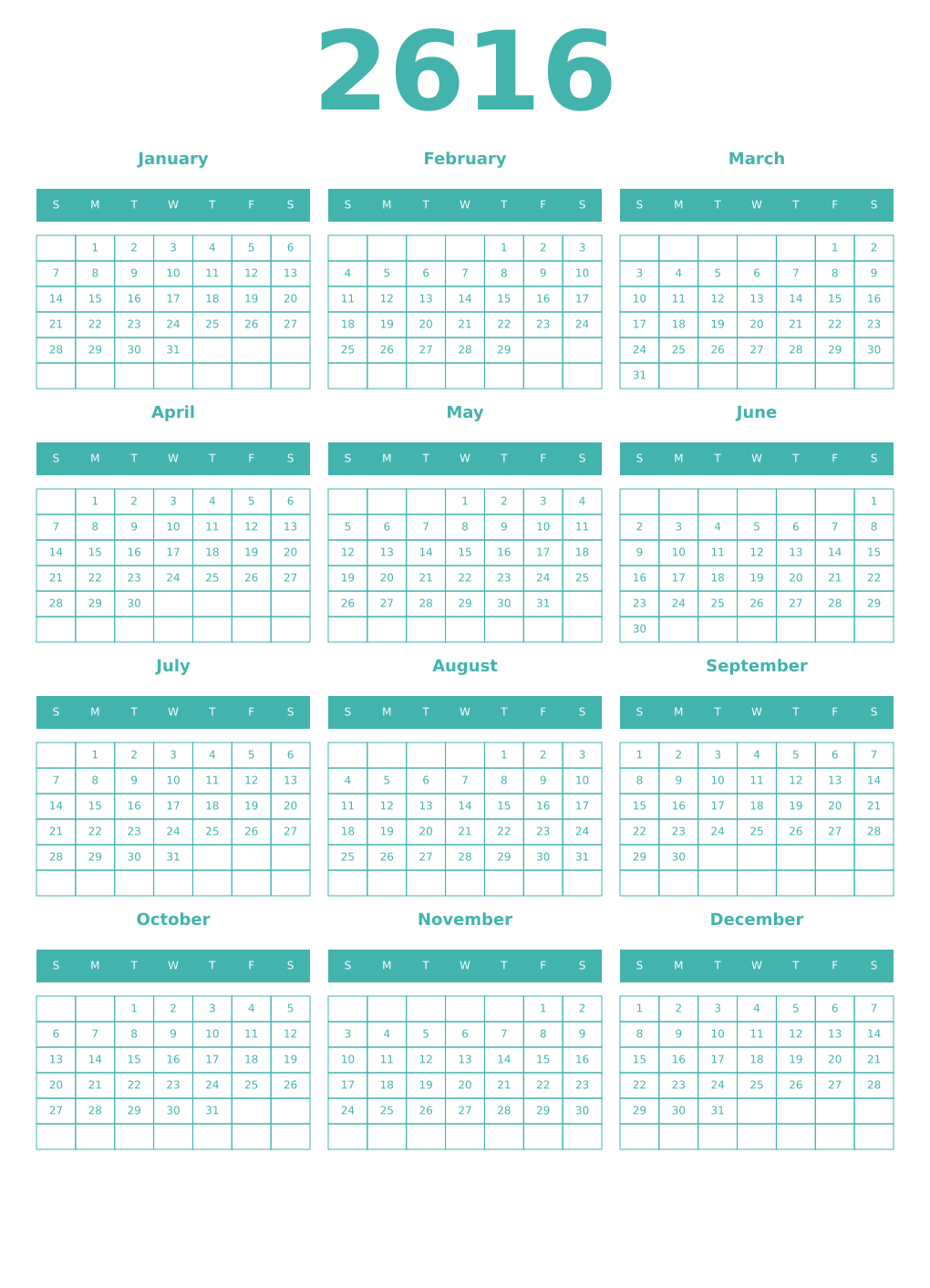 Printable 2616 Year Calendars verdigris