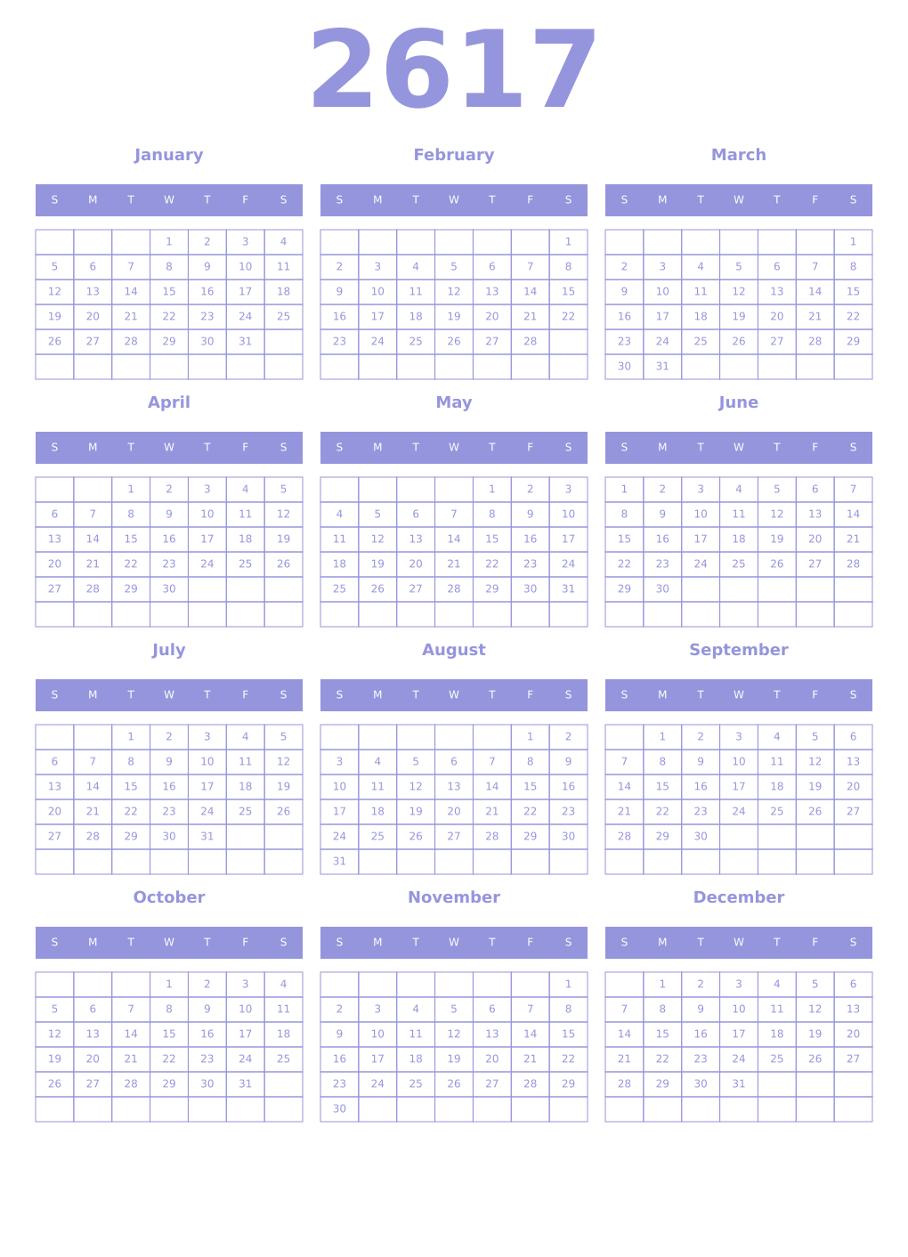 Printable 2617 Year Calendars periwinkle