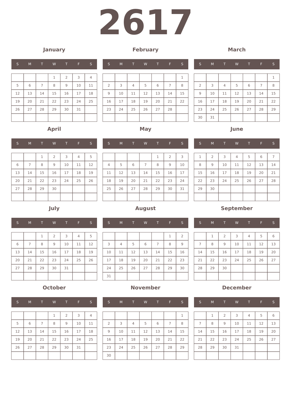 Printable 2617 Year Calendars wenge