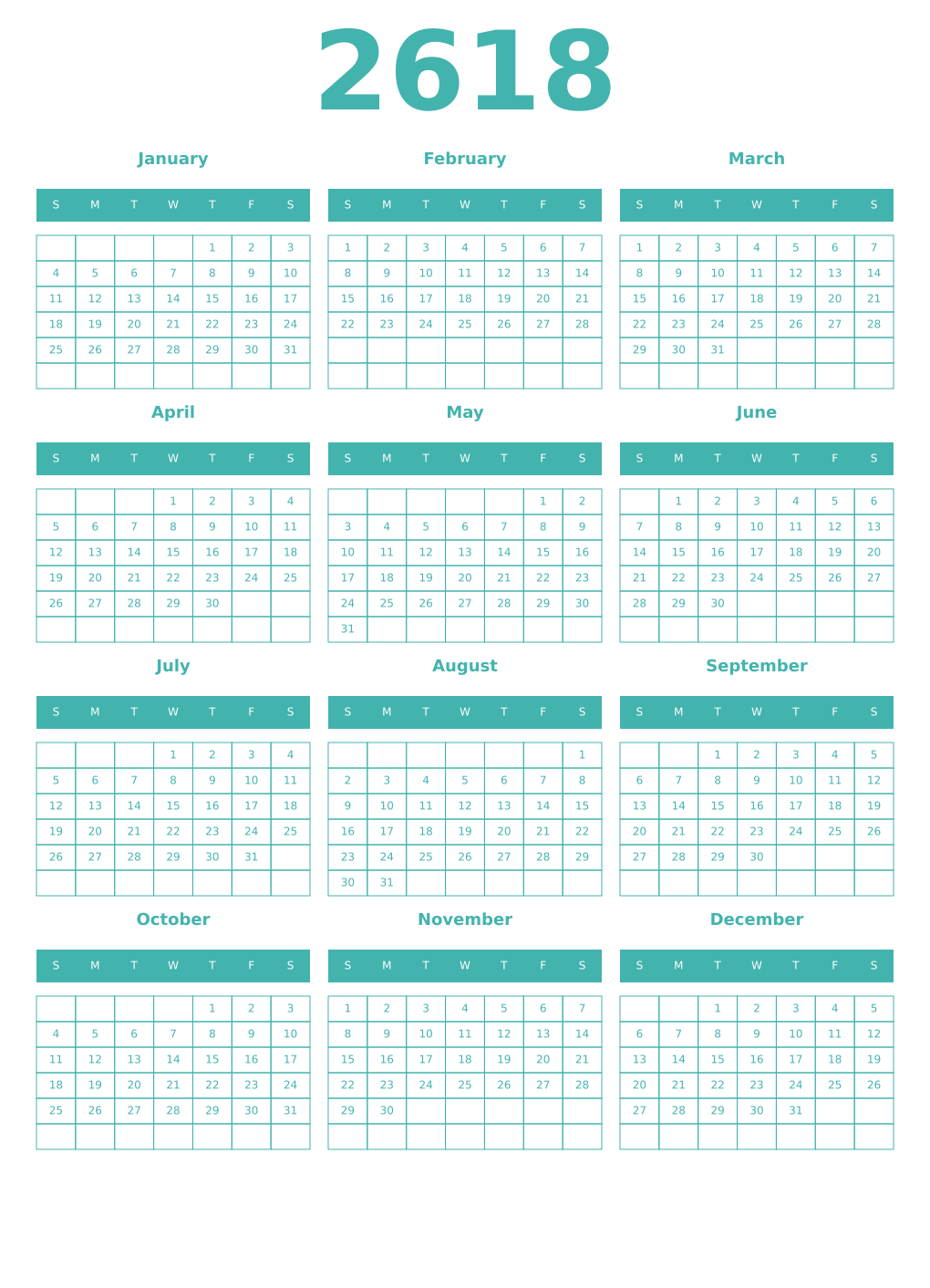 Printable 2618 Year Calendars verdigris