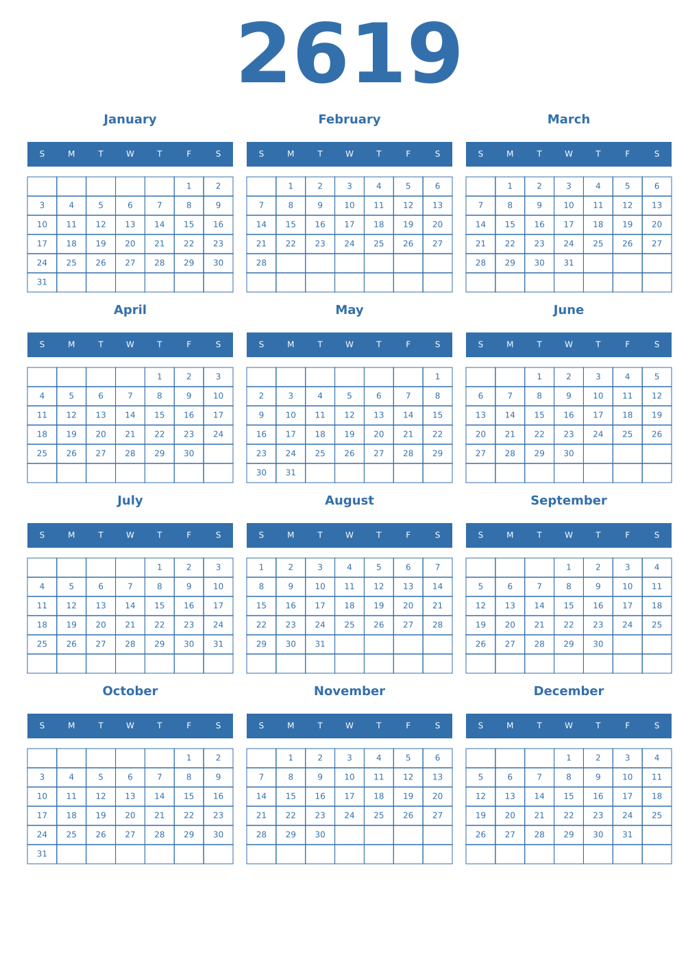 Printable 2619 Year Calendars blue