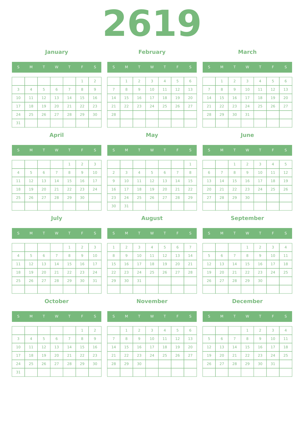 Printable 2619 Year Calendars celadon