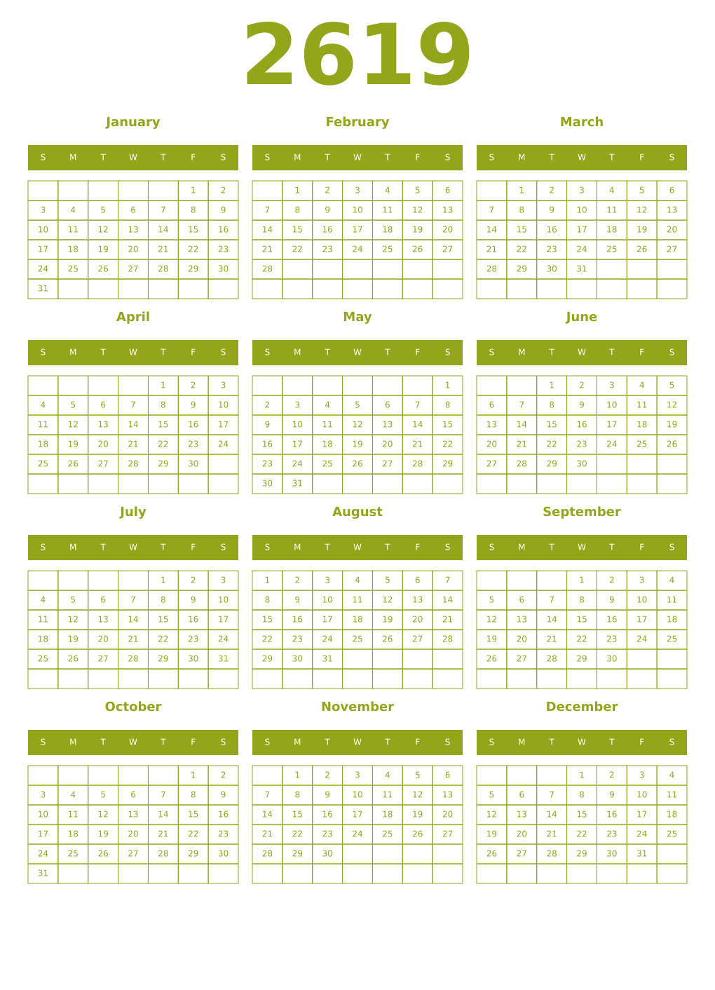 Printable 2619 Year Calendars chartreuse