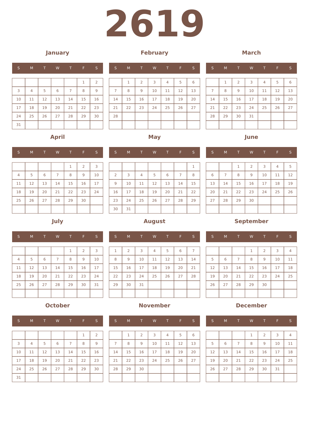Printable 2619 Year Calendars coffe