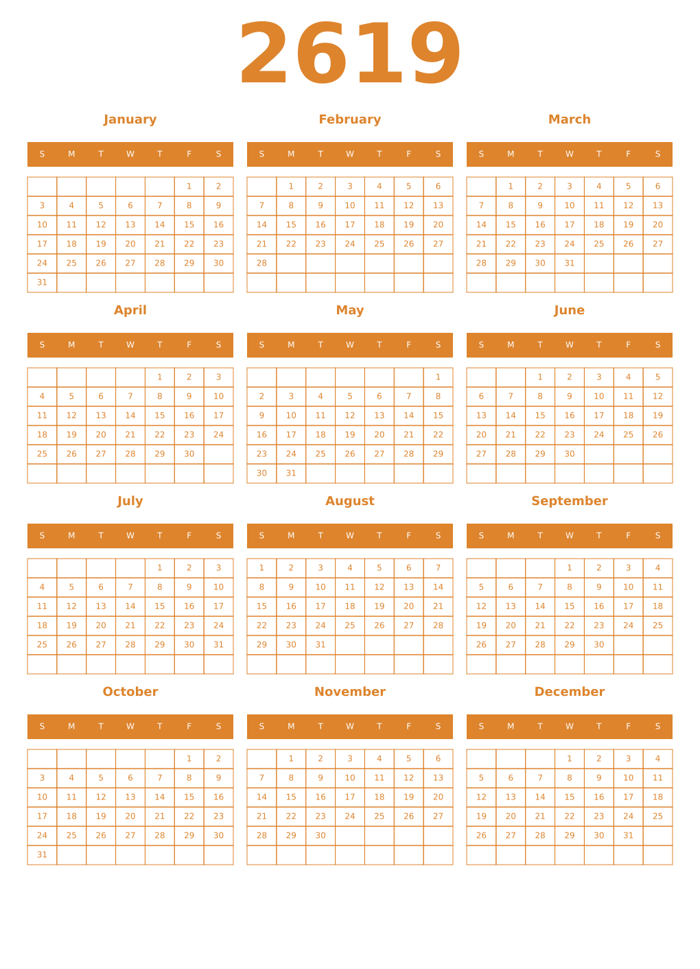 Printable 2619 Year Calendars orange