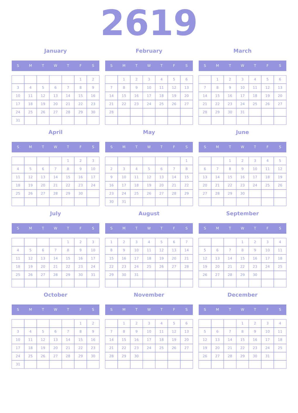 Printable 2619 Year Calendars periwinkle