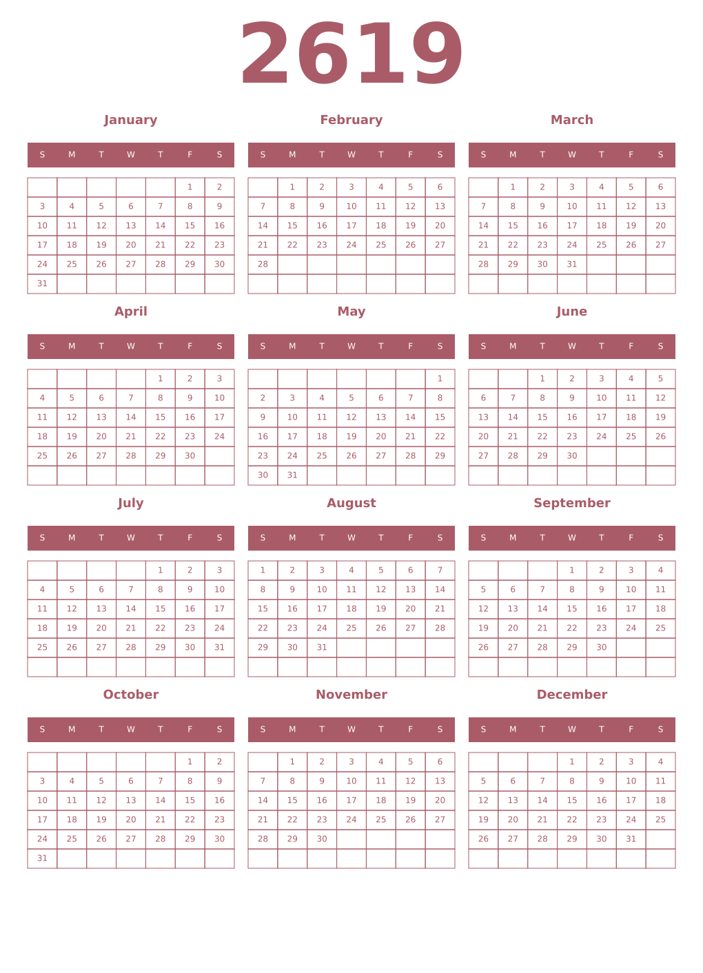 Printable 2619 Year Calendars puce