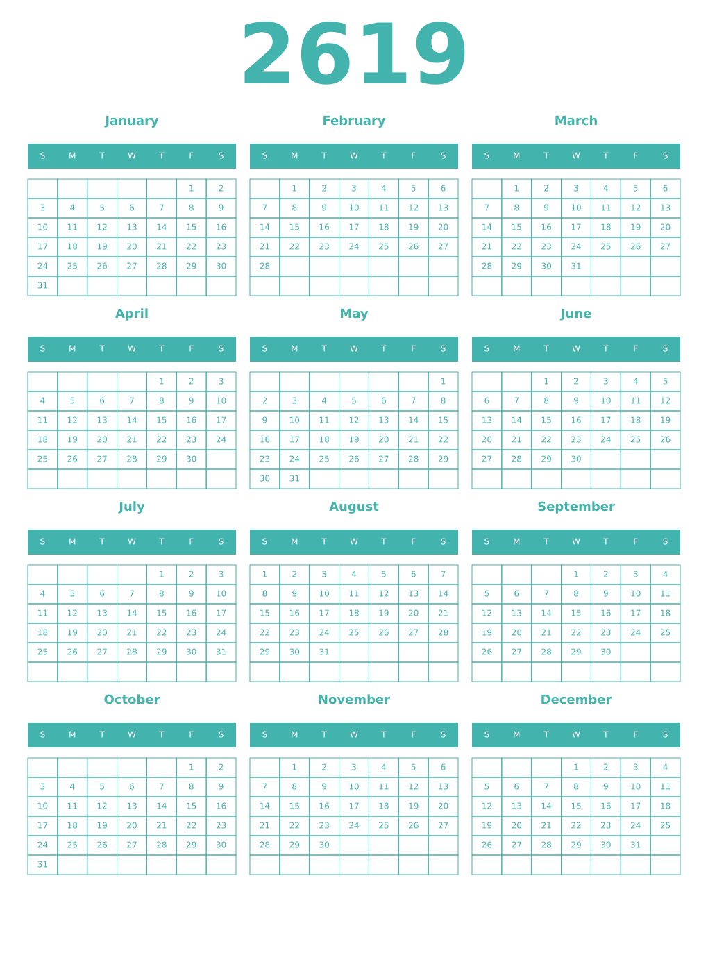 Printable 2619 Year Calendars verdigris