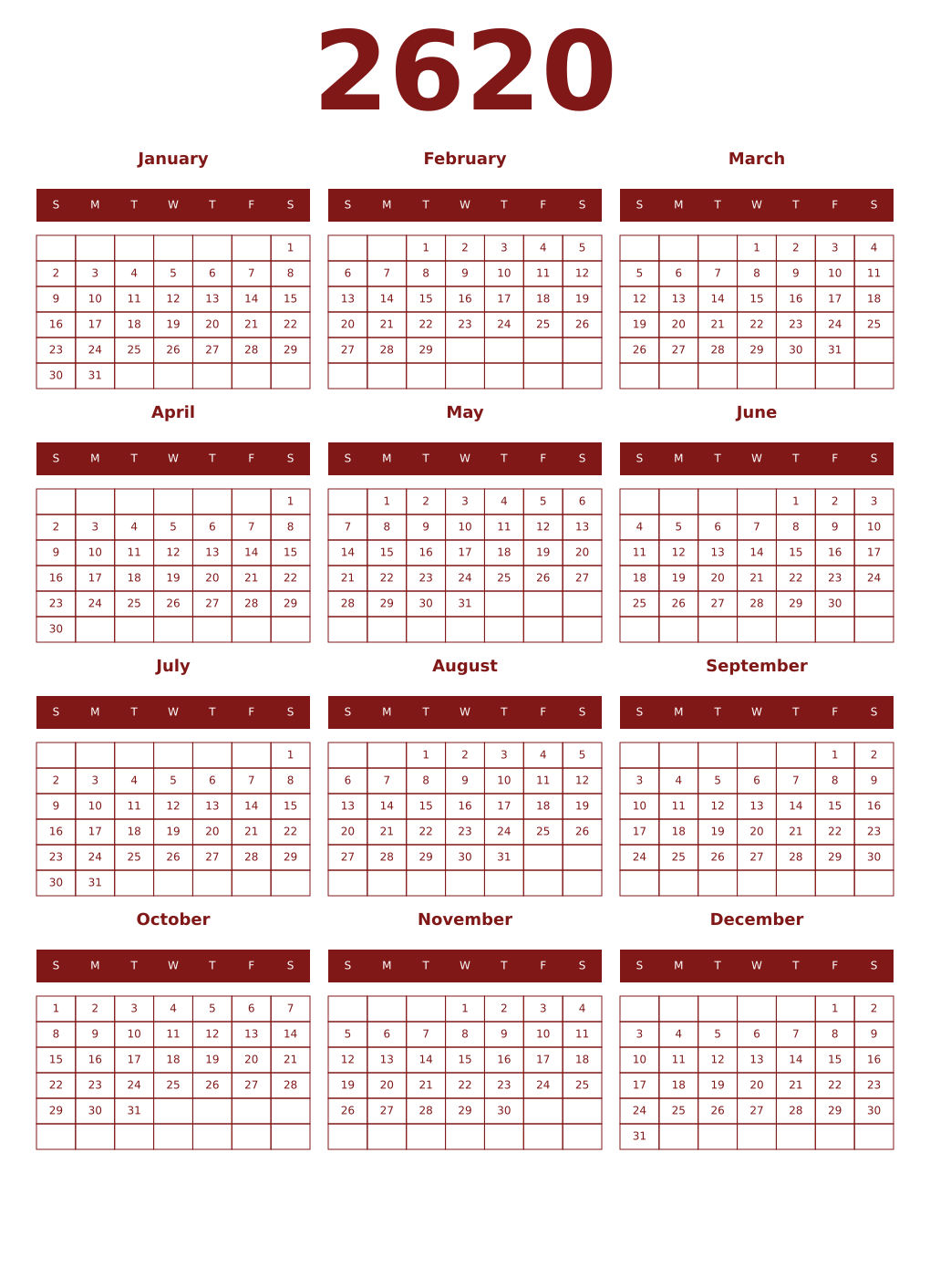 Printable 2620 Year Calendars falu