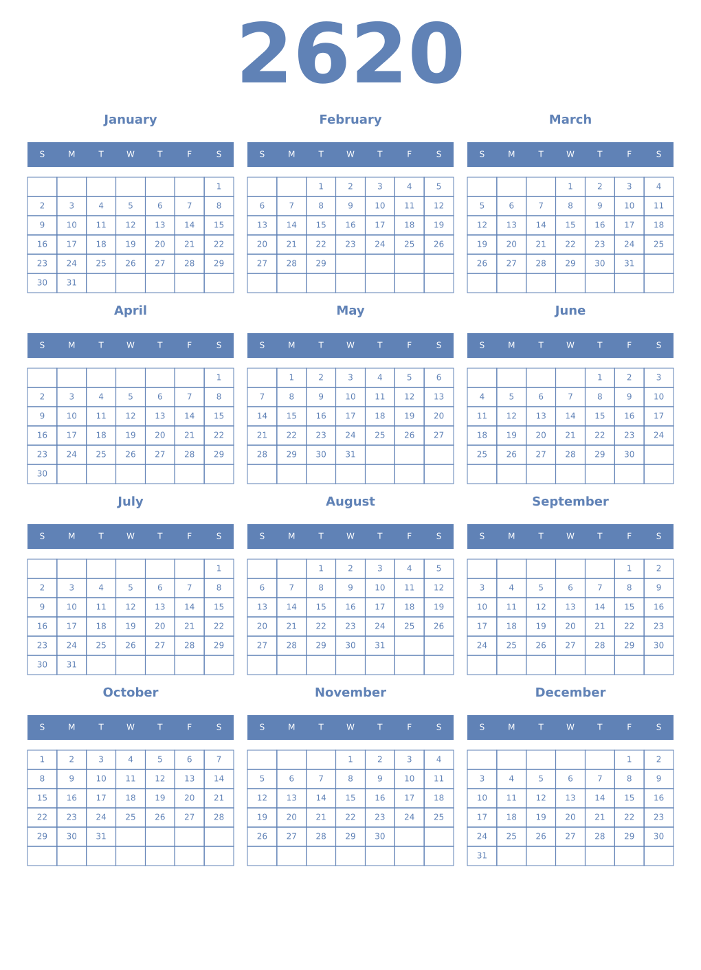 Printable 2620 Year Calendars glaucous