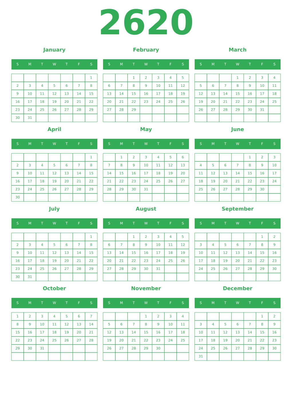 Printable 2620 Year Calendars green