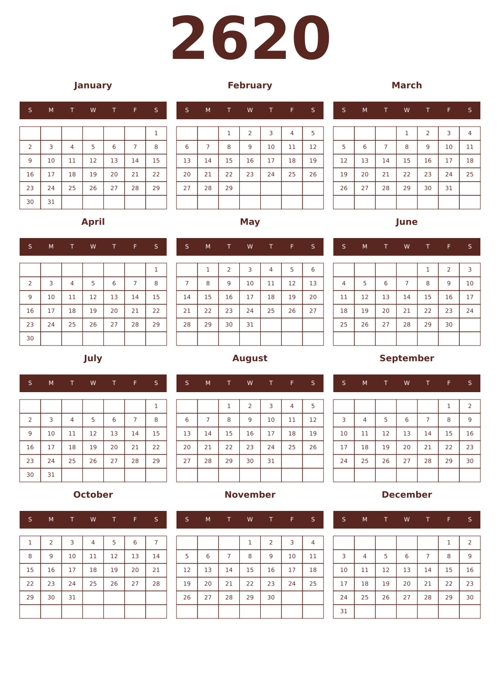 Printable 2620 Year Calendars mortuum