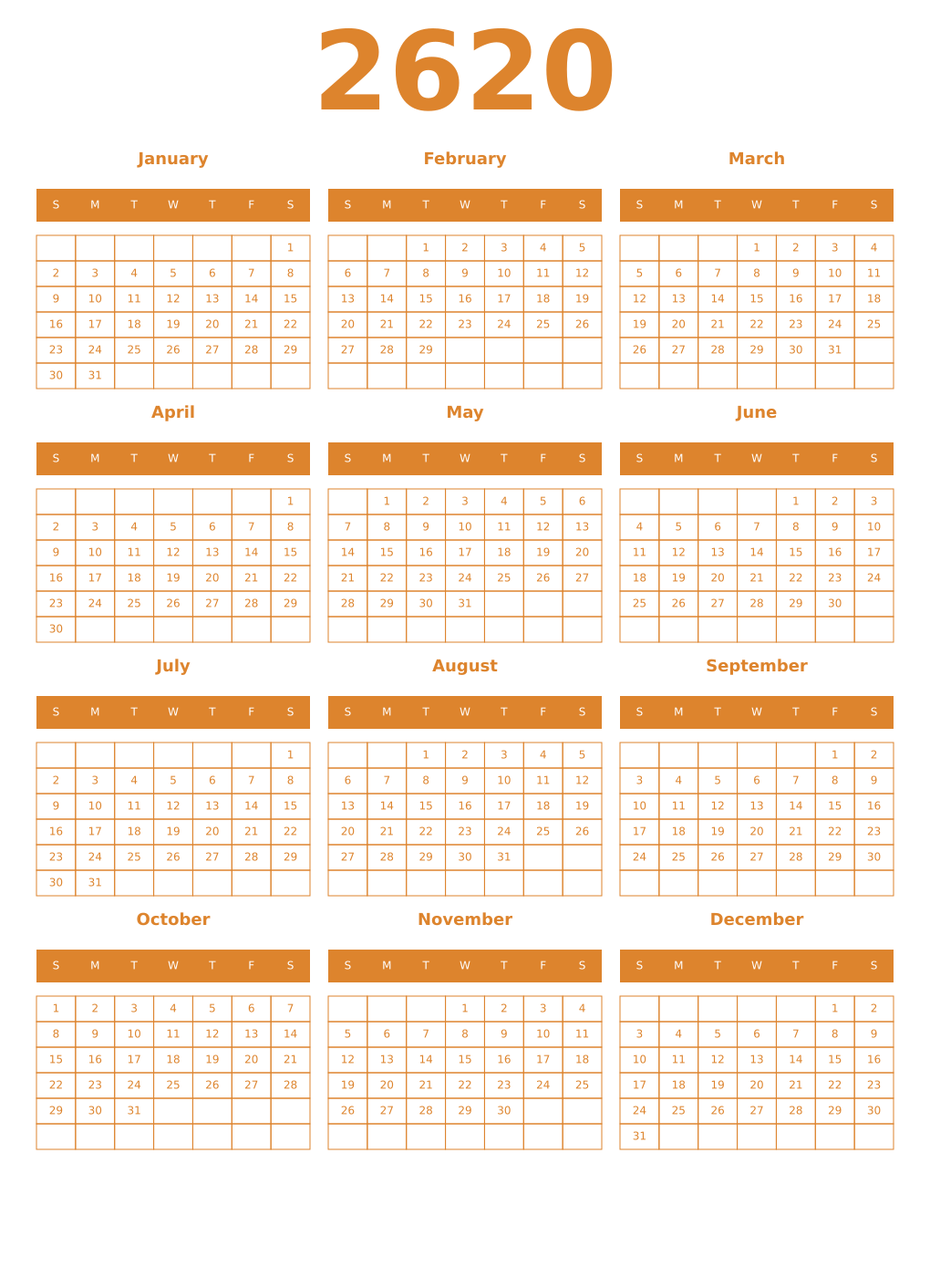 Printable 2620 Year Calendars orange