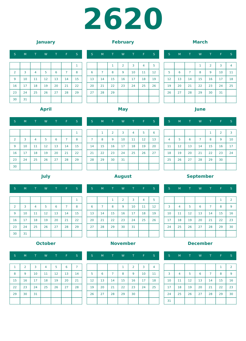 Printable 2620 Year Calendars pastel