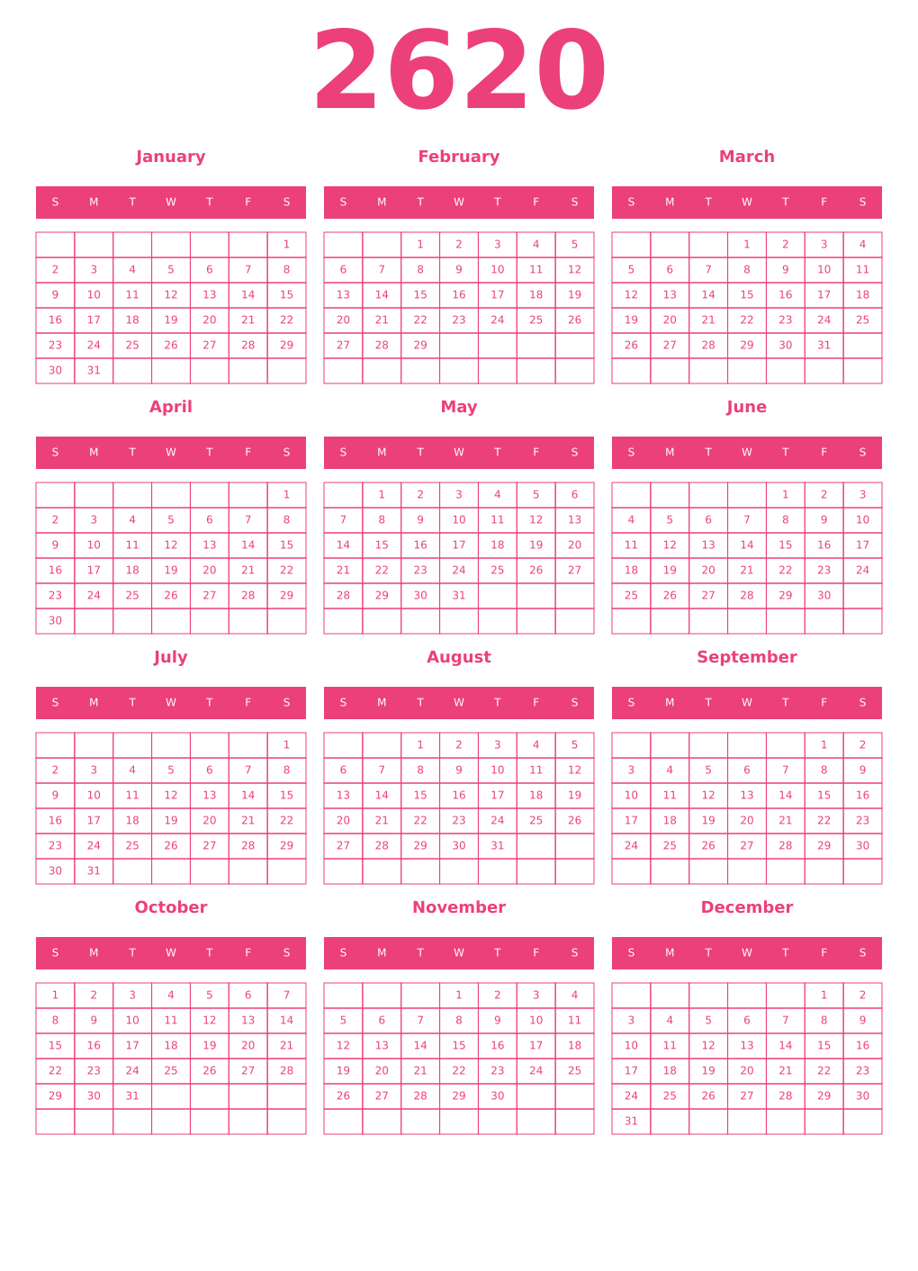 Printable 2620 Year Calendars pink