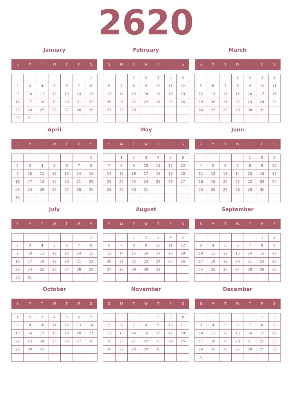 Printable 2620 Year Calendars puce