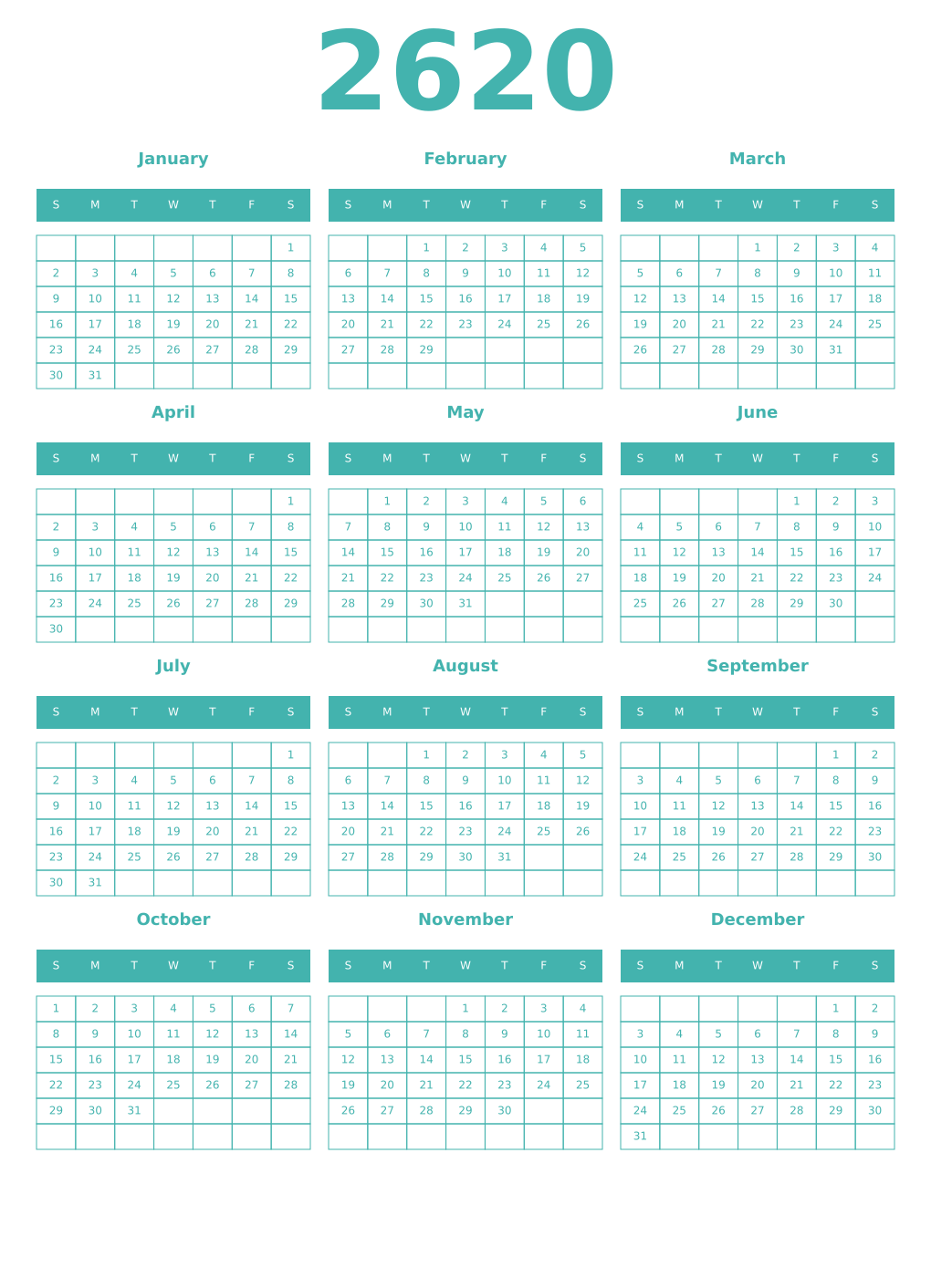 Printable 2620 Year Calendars verdigris