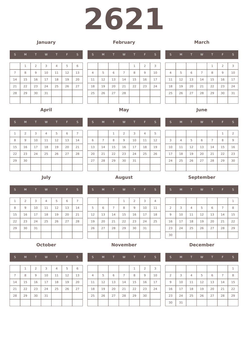Printable 2621 Year Calendars wenge