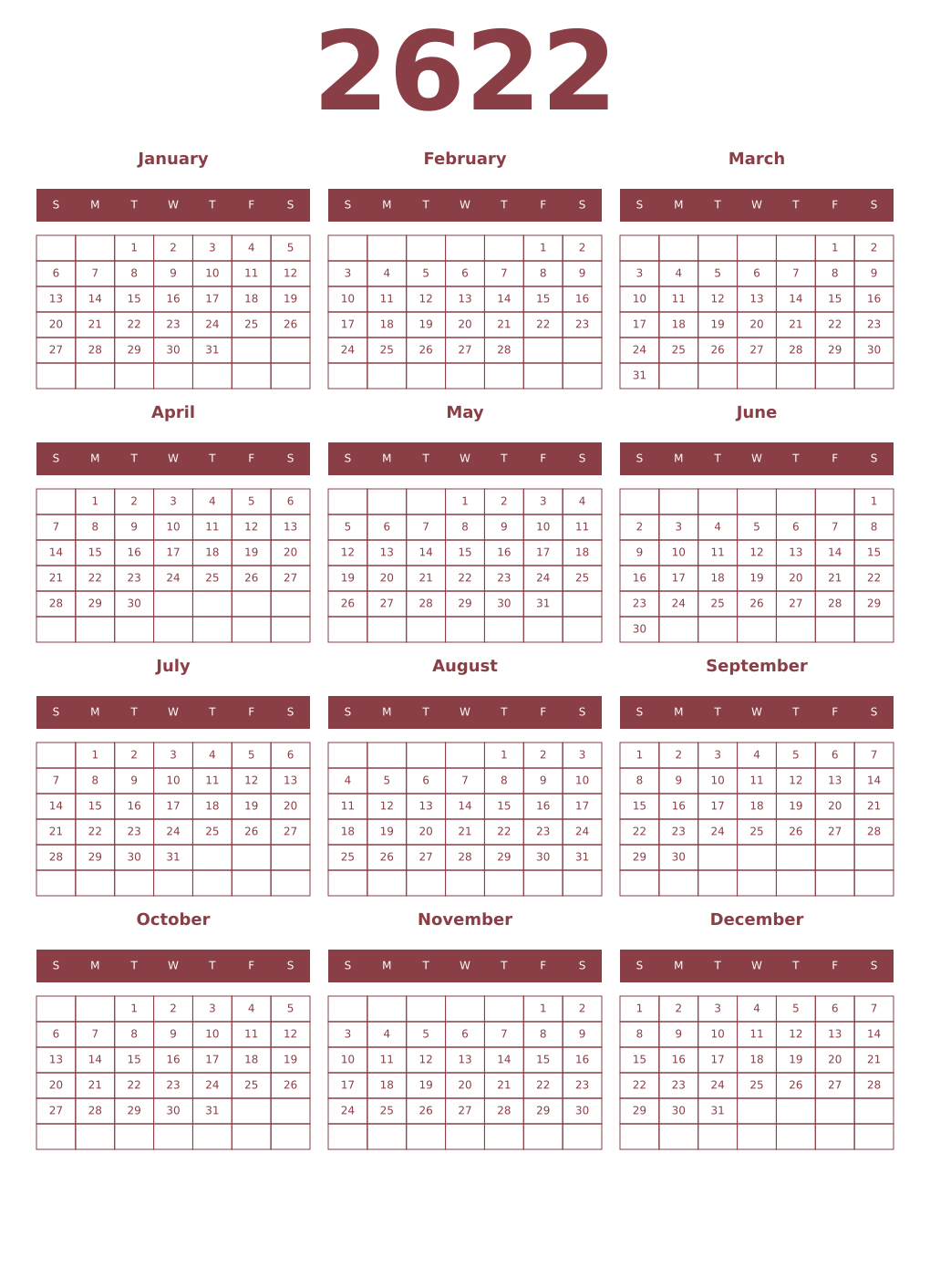 Printable 2622 Year Calendars cordovan