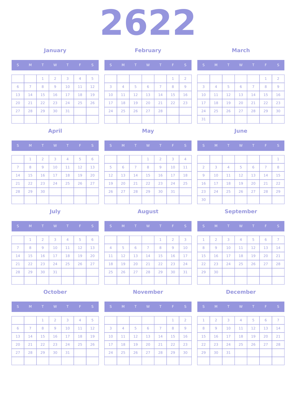 Printable 2622 Year Calendars periwinkle