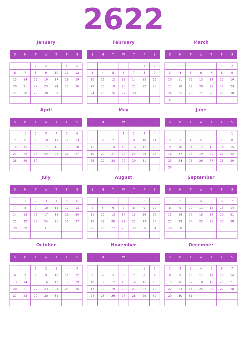 Printable 2622 Year Calendars purple