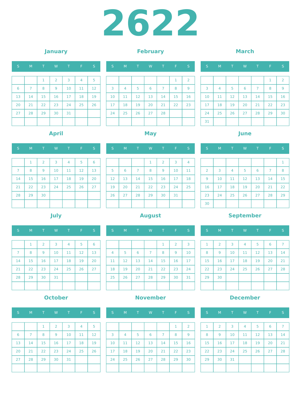 Printable 2622 Year Calendars verdigris