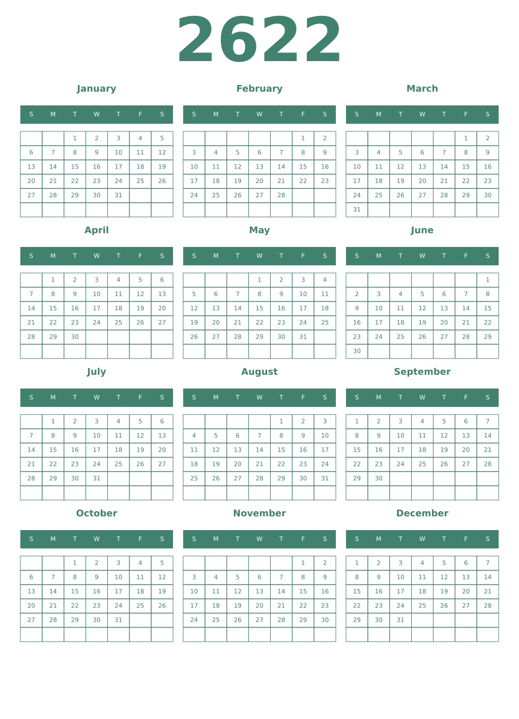 Printable 2622 Year Calendars viridian