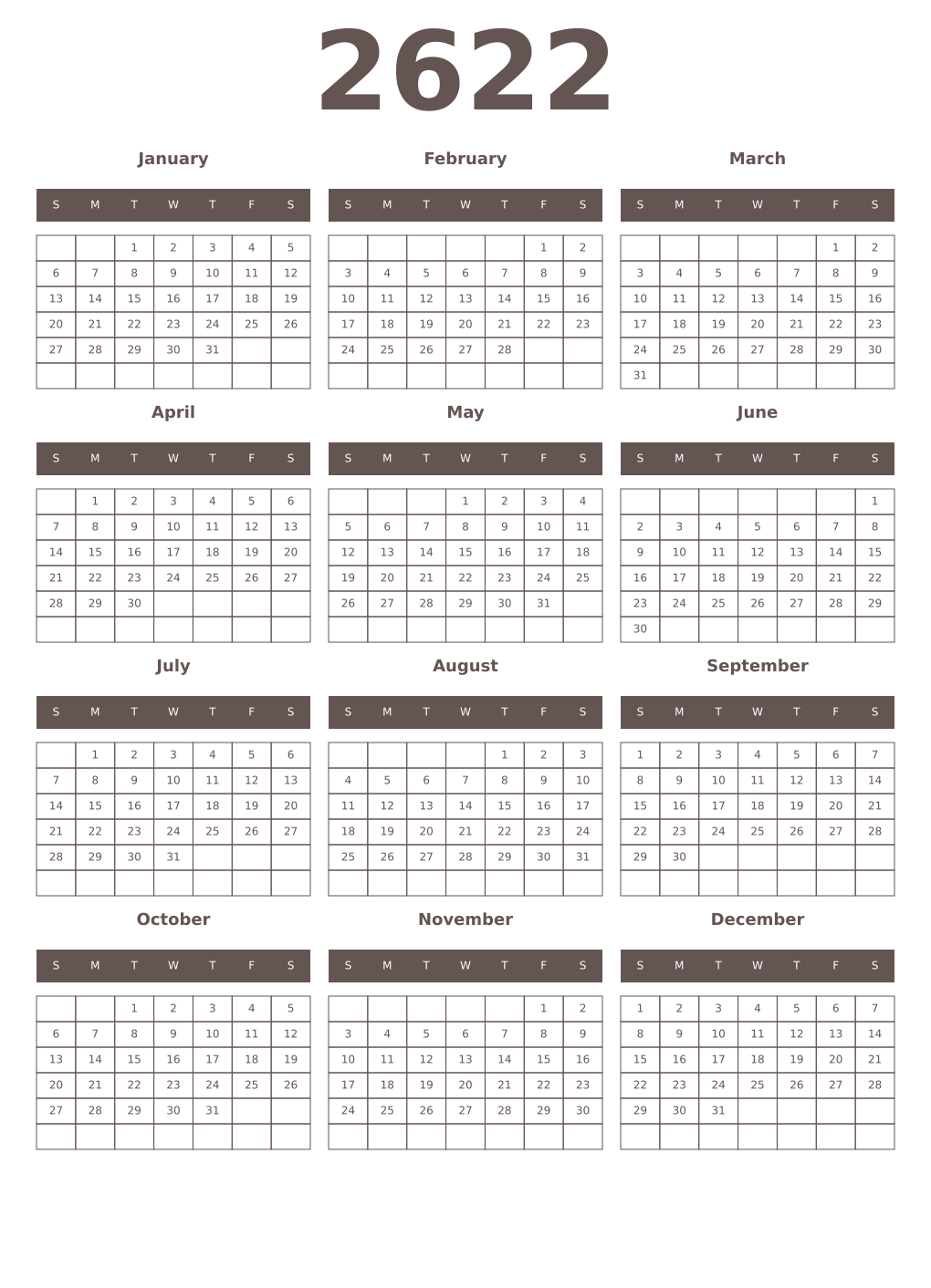 Printable 2622 Year Calendars wenge