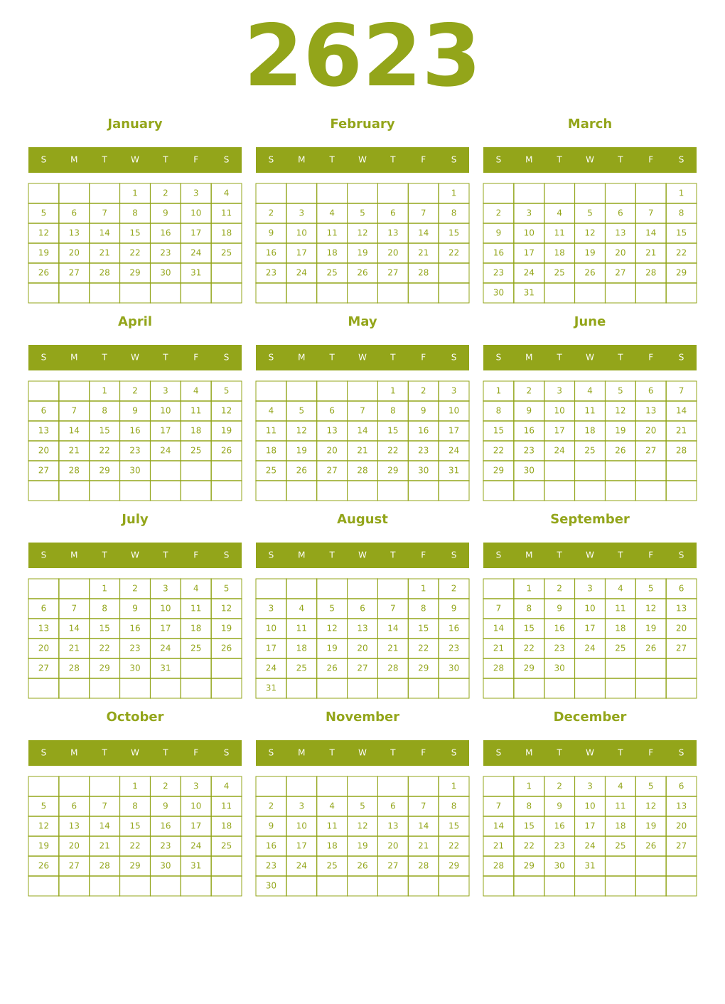 Printable 2623 Year Calendars chartreuse