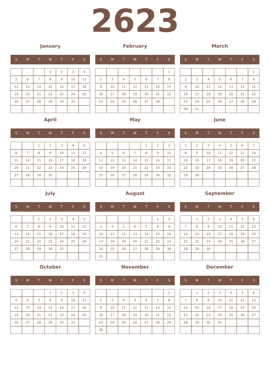 Printable 2623 Year Calendars coffe