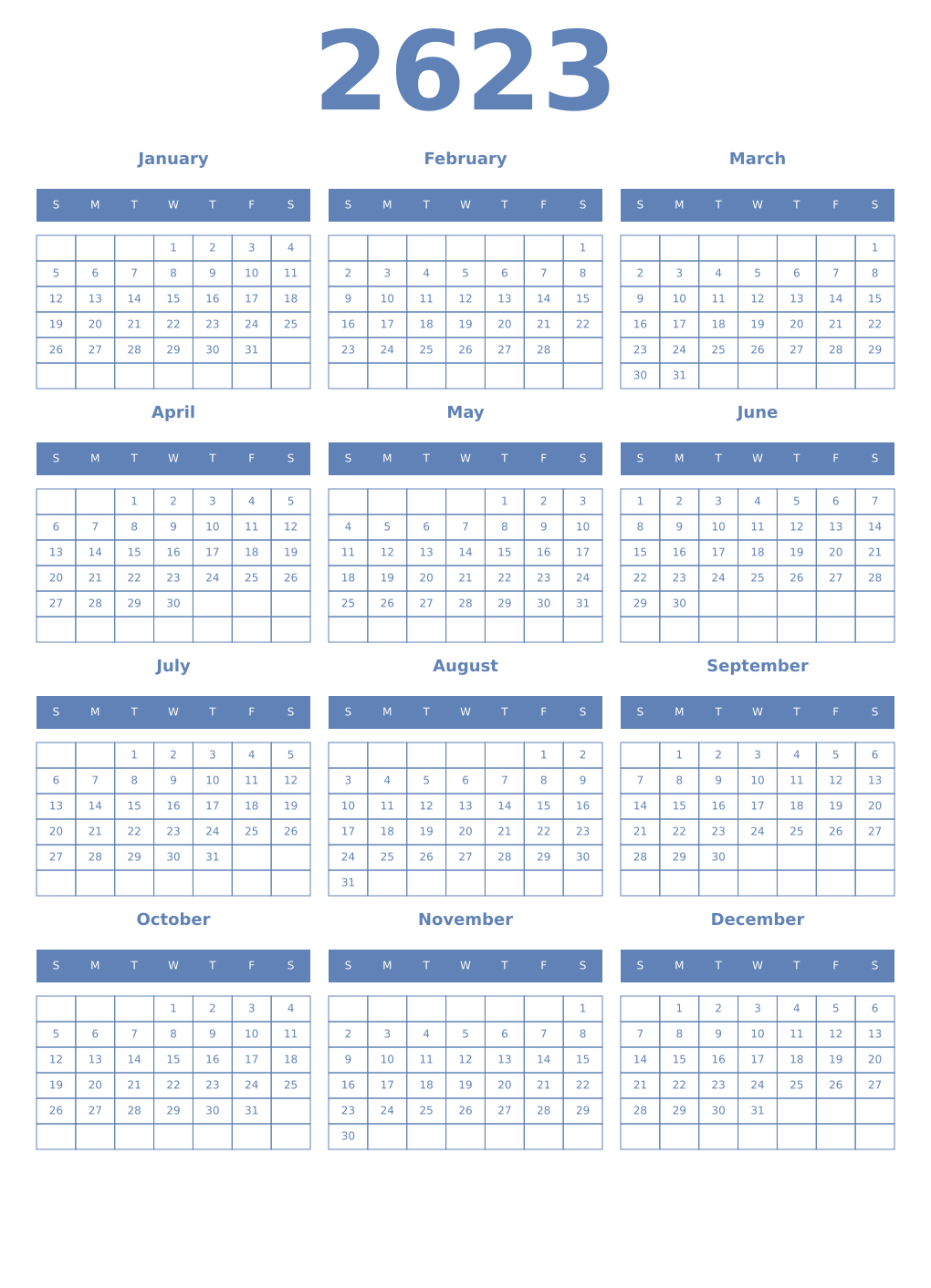Printable 2623 Year Calendars glaucous