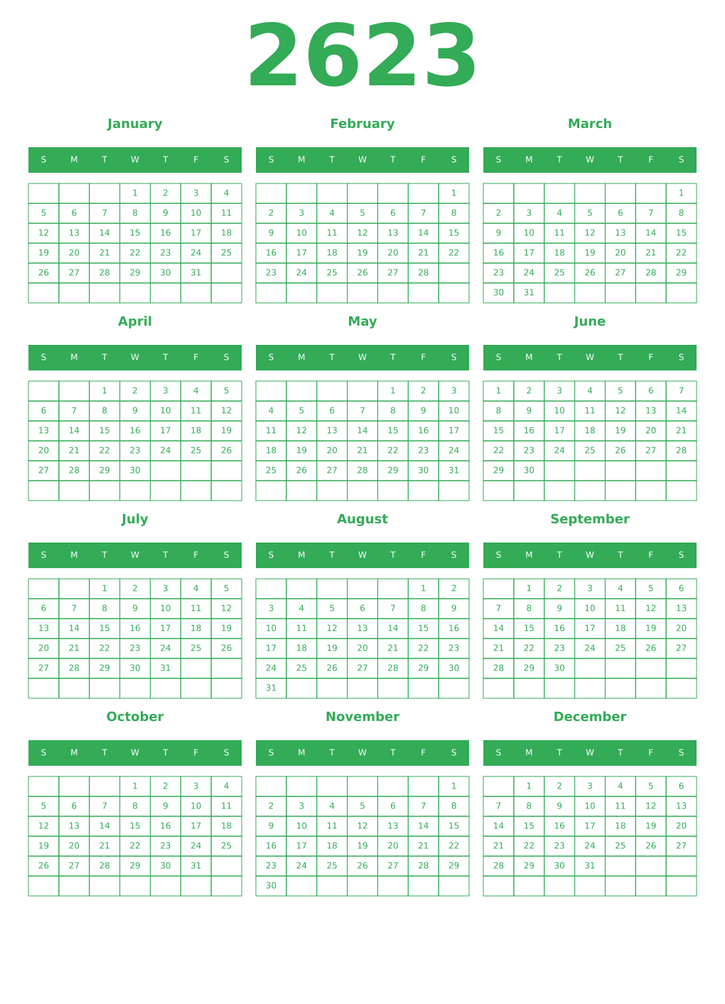 Printable 2623 Year Calendars green