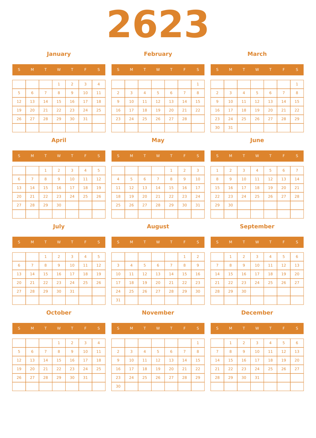 Printable 2623 Year Calendars orange