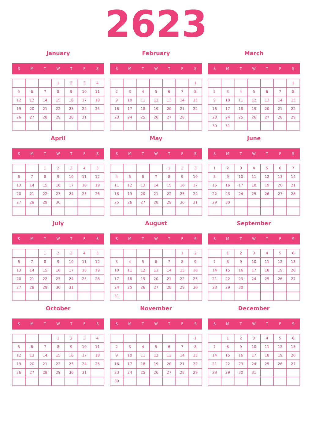 Printable 2623 Year Calendars pink