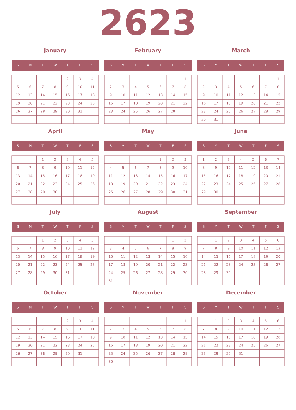 Printable 2623 Year Calendars puce