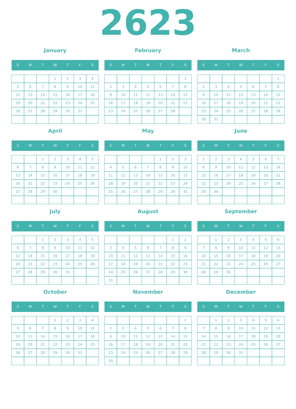 Printable 2623 Year Calendars verdigris