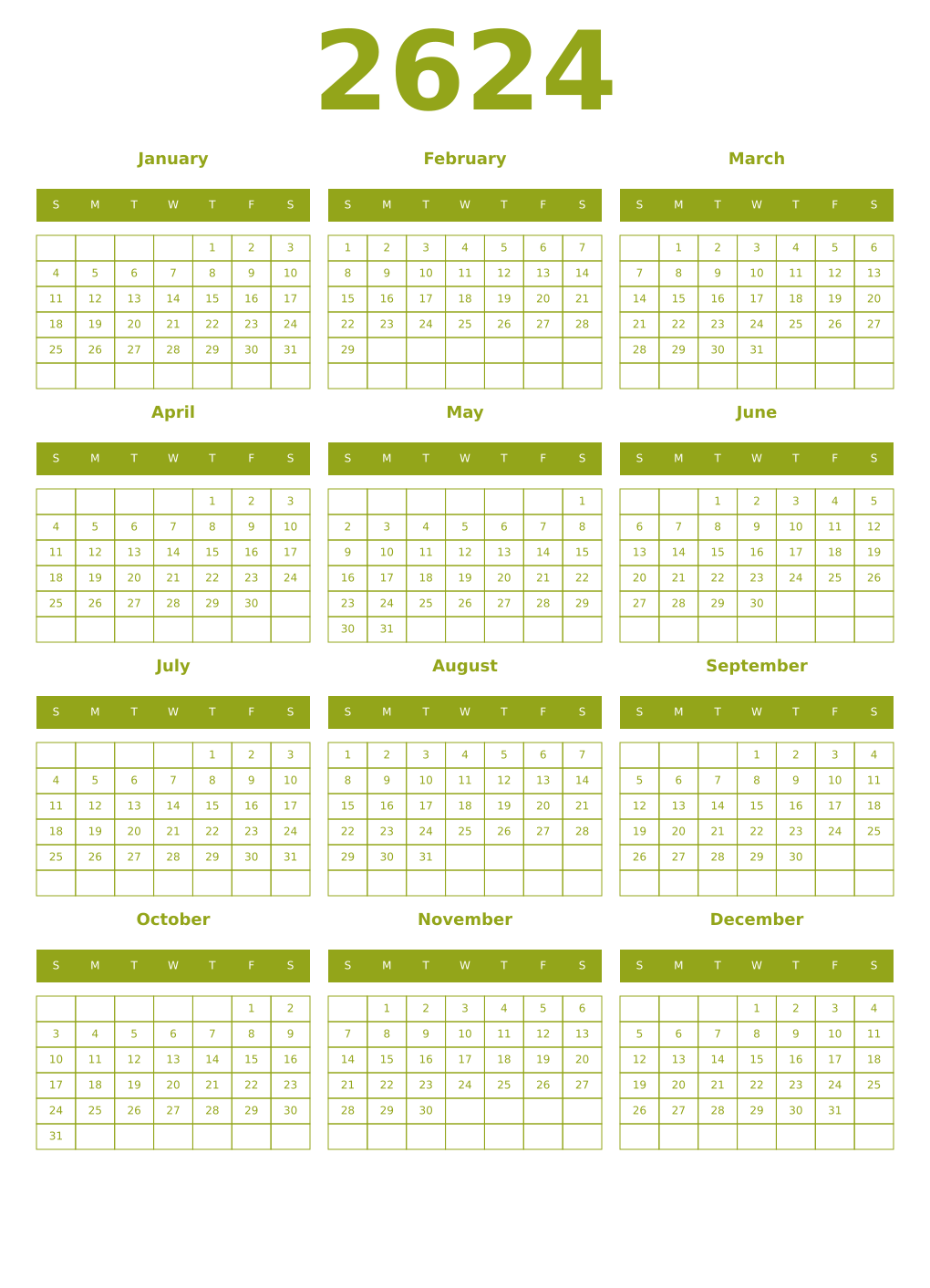 Printable 2624 Year Calendars chartreuse
