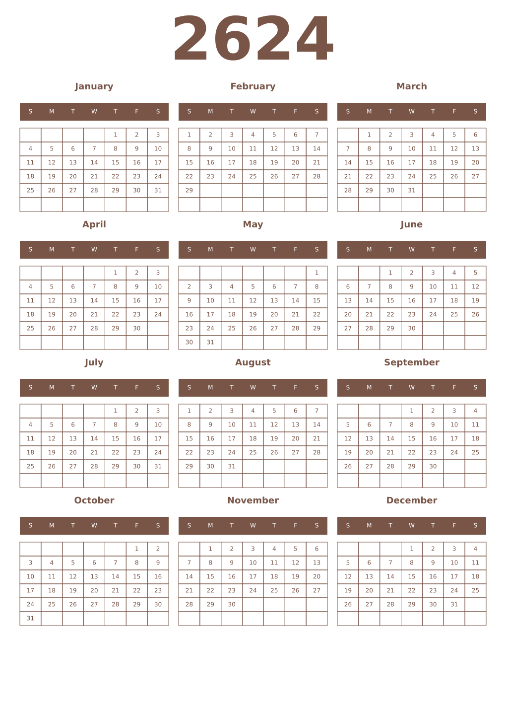 Printable 2624 Year Calendars coffe