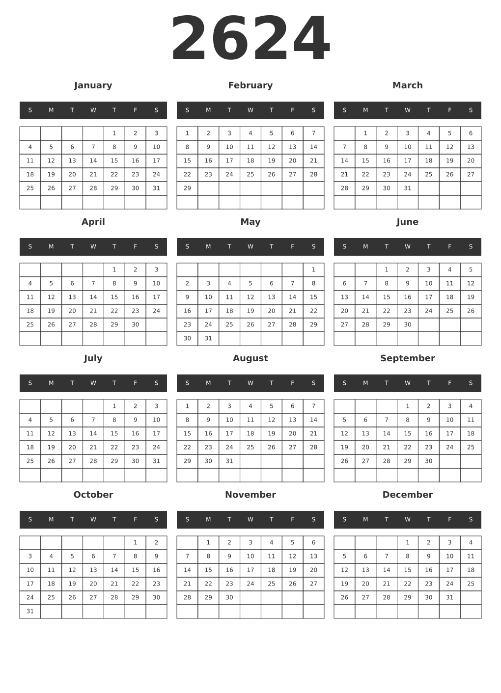 Printable 2624 Year Calendars dark