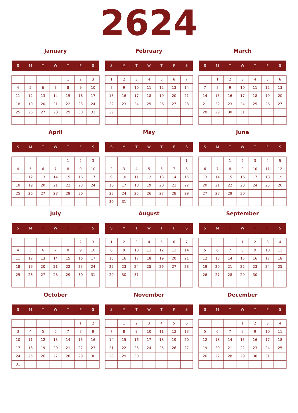 Printable 2624 Year Calendars falu